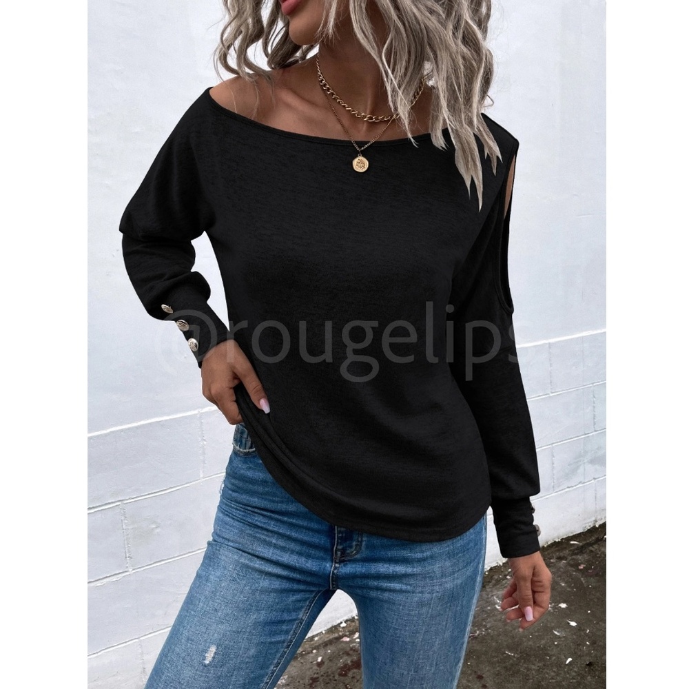 Black One Cold Shoulder Asymmetric Boat Neck Long Sleeve Tee Shirt - Picture 7 of 9